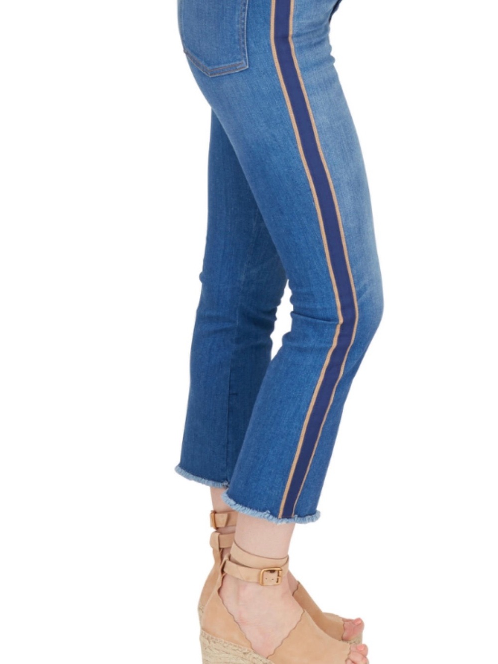 Veronica Beard Blue Cropped Jeans with Navy and Tan Side Stripe